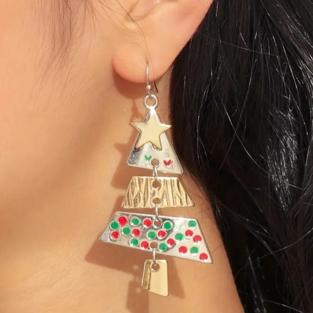 #45 Colorful Metal Christmas Tree French Wire Dangle Earrings